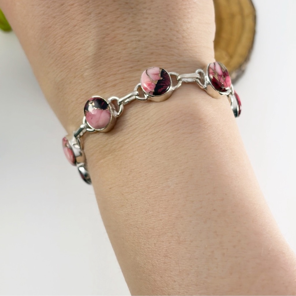 Southwest Genuine Red Rose Dahlia Turquoise Gemstone Bracelet Red Pink New 925 - Picture 3 of 6